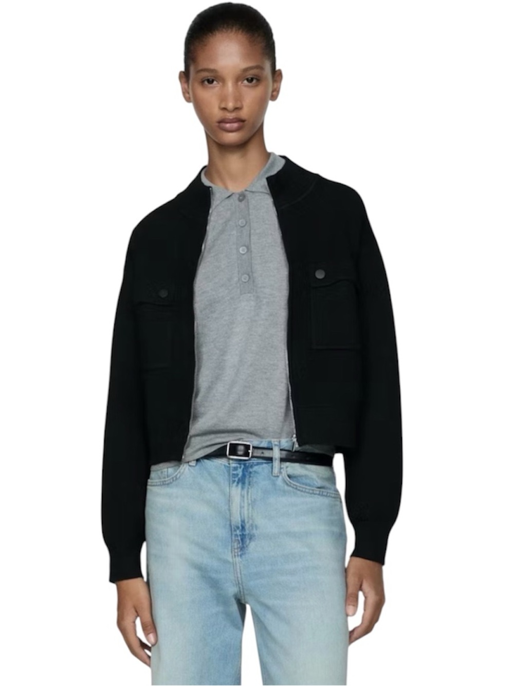 MNG Mango Black Zip Front Knit Bomber Jacket Size Small